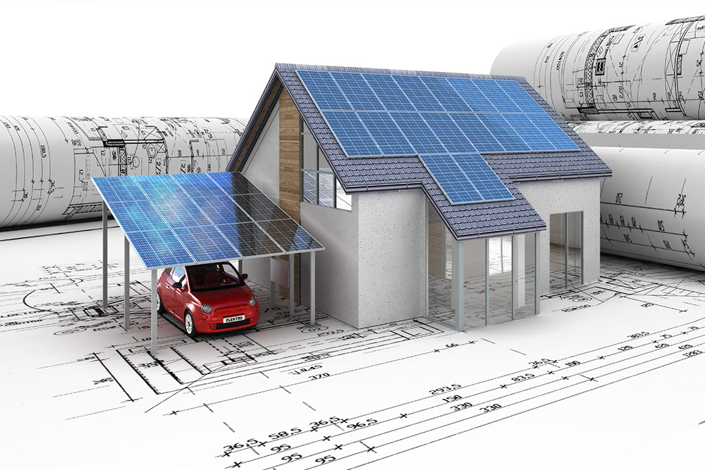 Solar-Carport mit Solarmodulen auf einem Konstruktionsplan