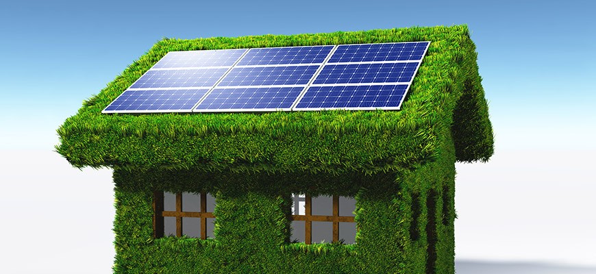 Green house with a solar panel system on the roof